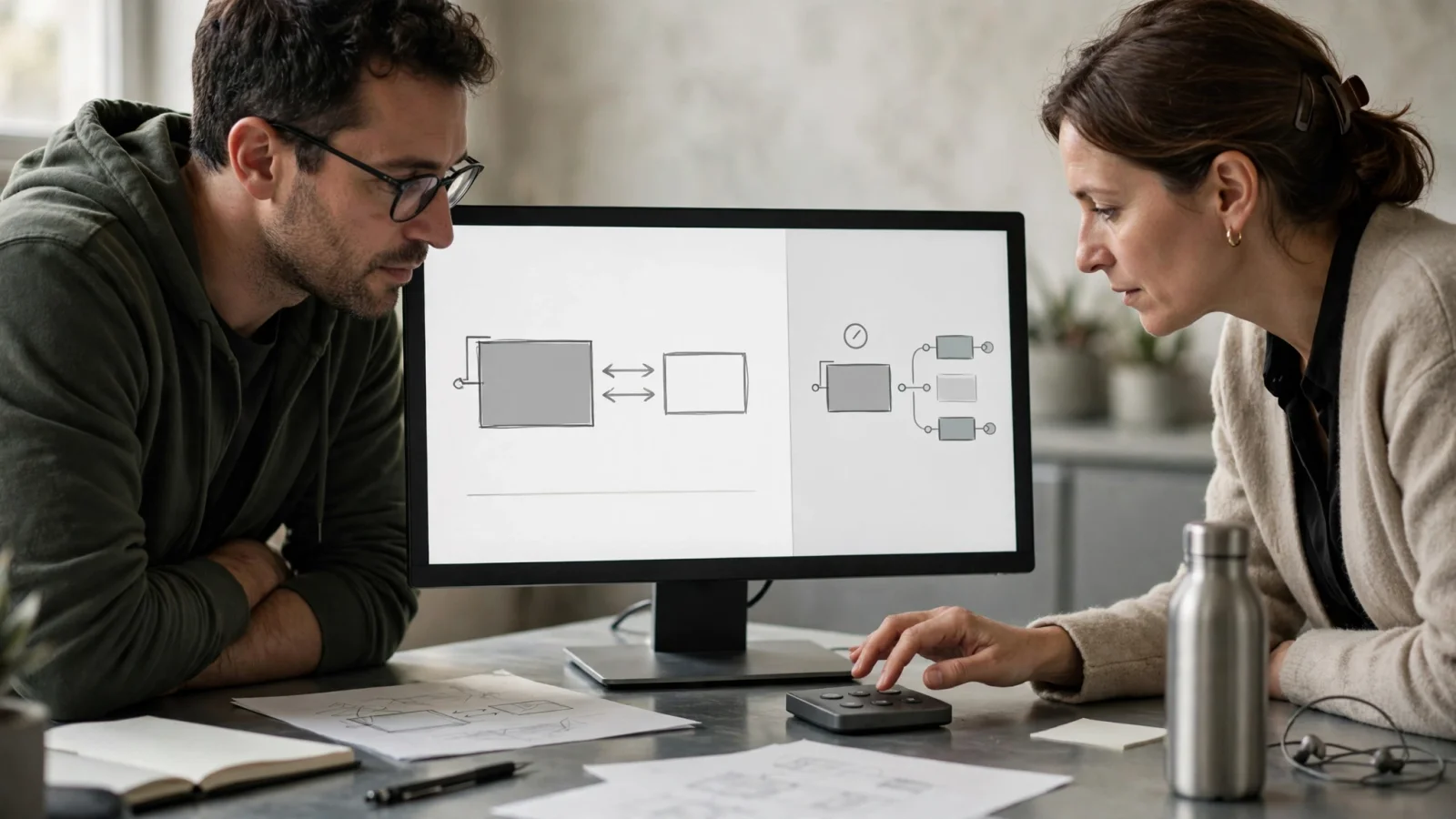 An engineer and an approver review a proposed change on a monitor before approving it.