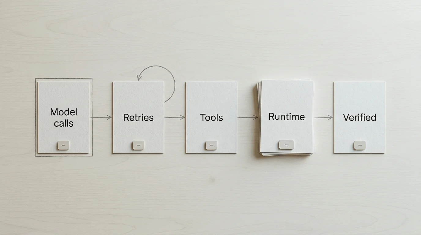 Cards labelled "Model calls", "Retries", "Tools", "Runtime" and "Verified" in a row, with a loop arrow over "Retries".