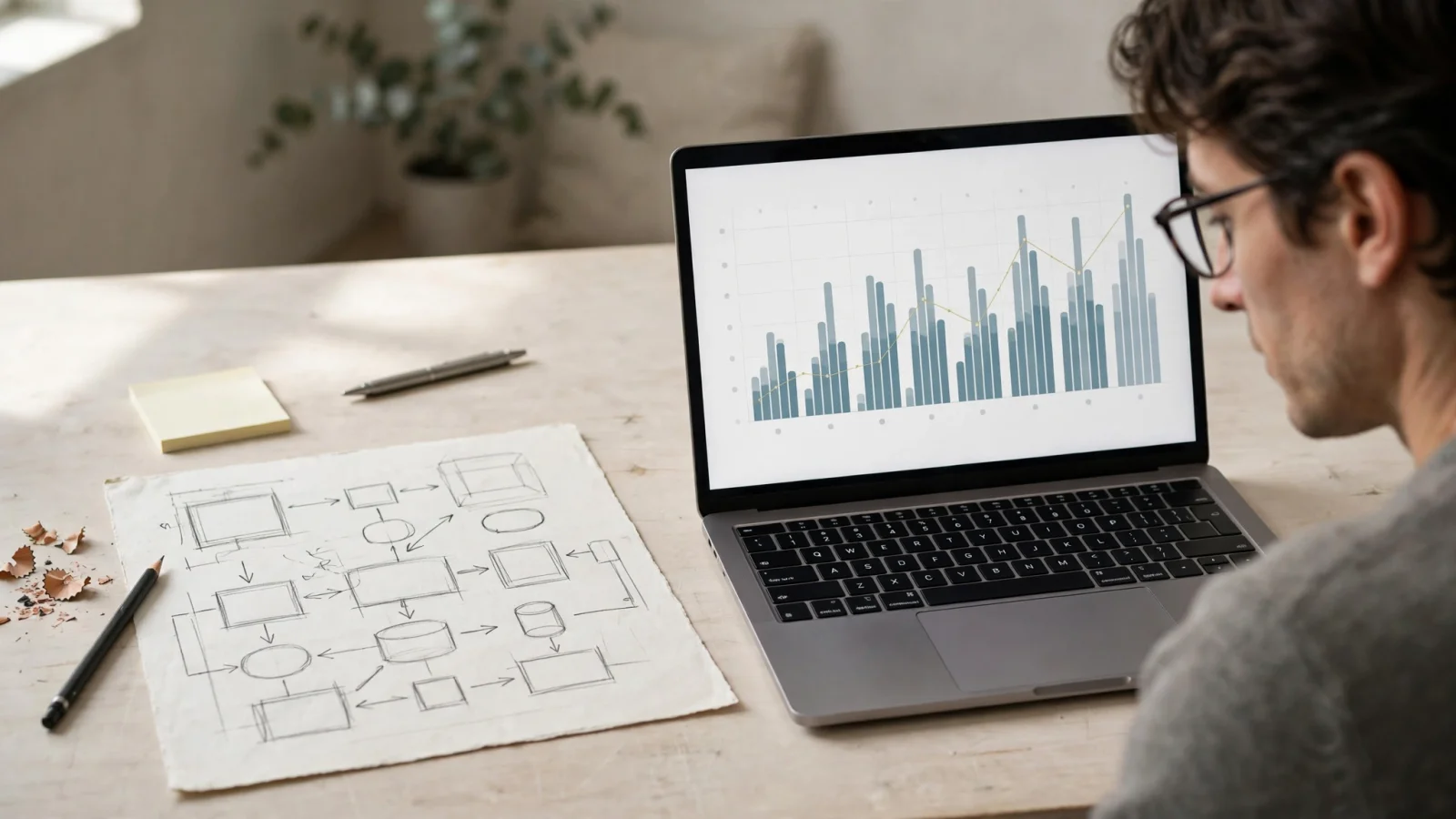 A FinOps analyst compares a historical cost display on a laptop with a paper architecture sketch