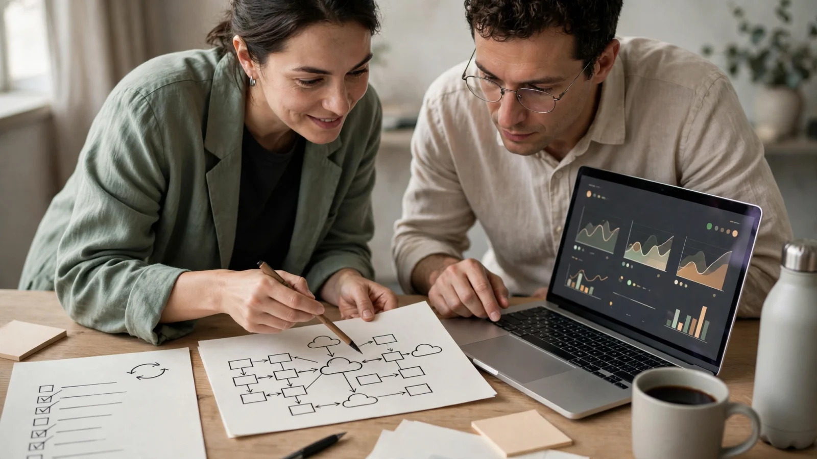 A cloud operations team reviews a proposed reversible infrastructure change, with one person approving and a rollback plan at hand