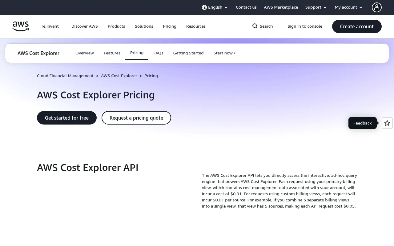 The AWS Cost Explorer pricing page