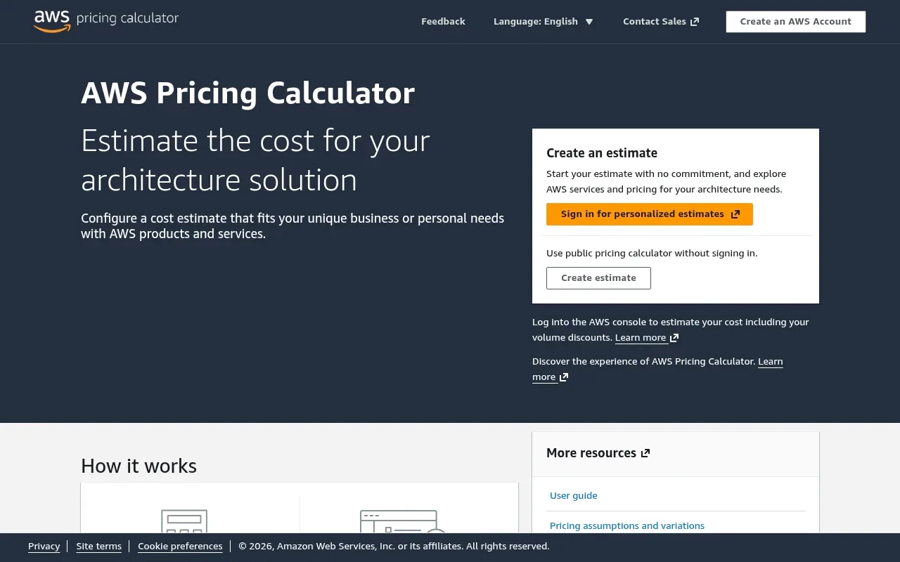 The AWS Pricing Calculator start page