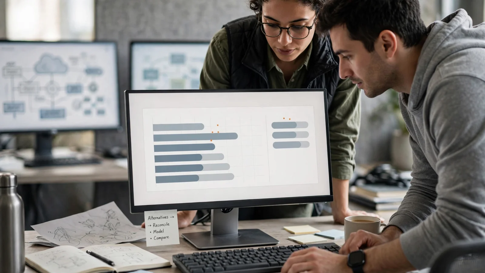 Two colleagues review a cost chart together on a desktop monitor.