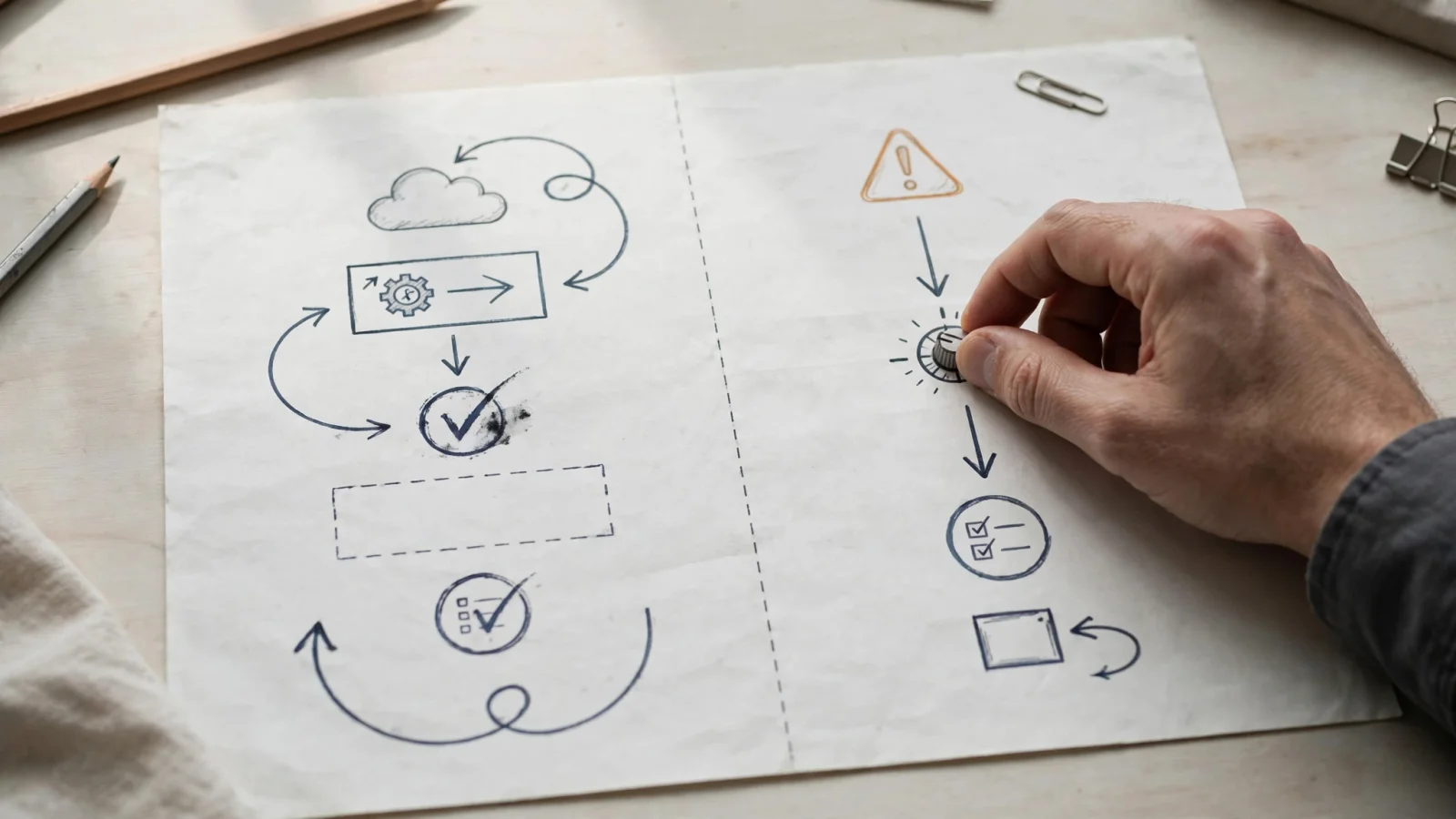 A hand-drawn sketch of two flows: on the left, a cloud and a gear lead through looping arrows to check marks; on the right, a warning sign leads past a dial a hand is turning to a checklist.