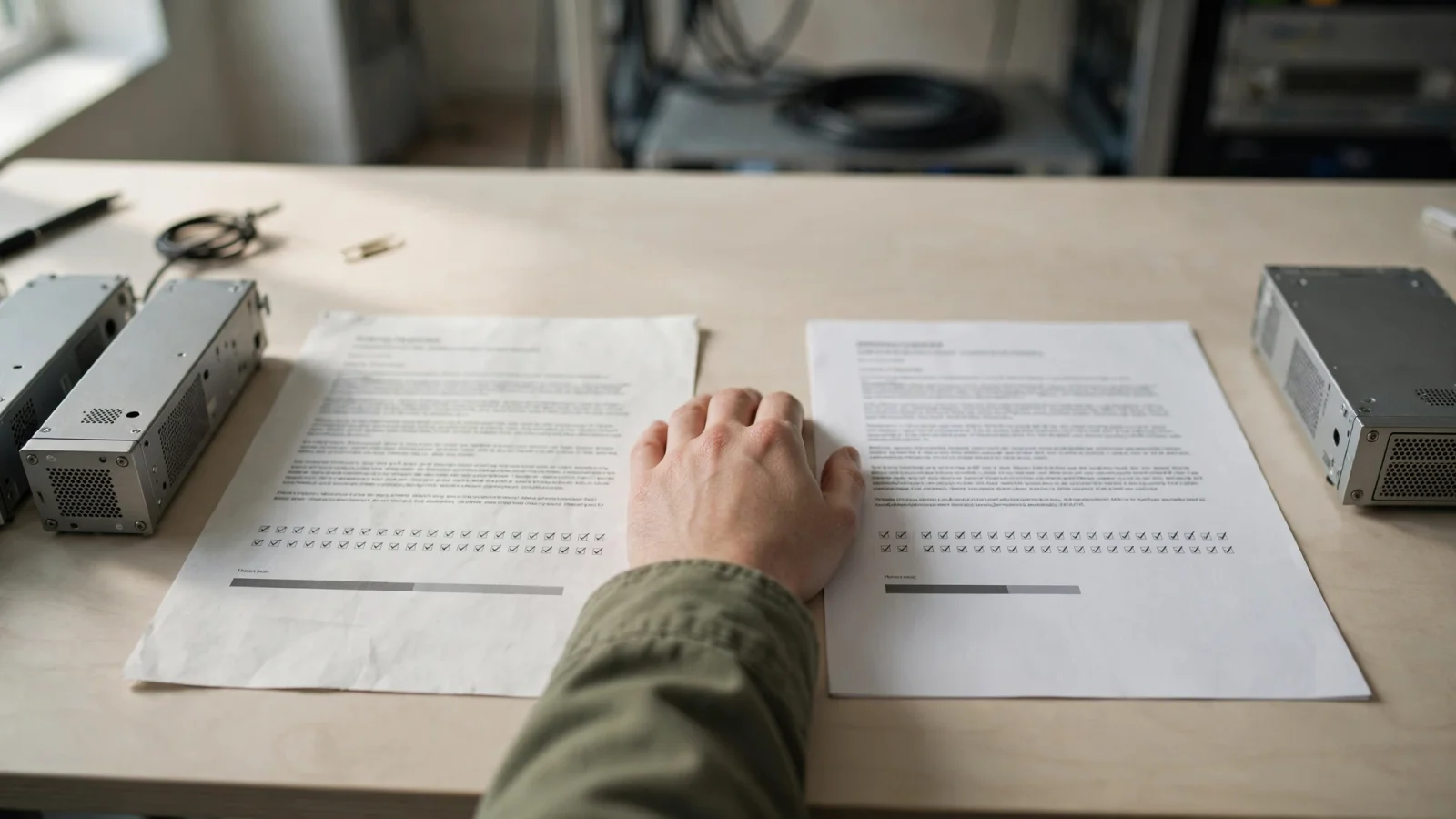 Two printed result sheets with matching rows of check marks, next to two servers.