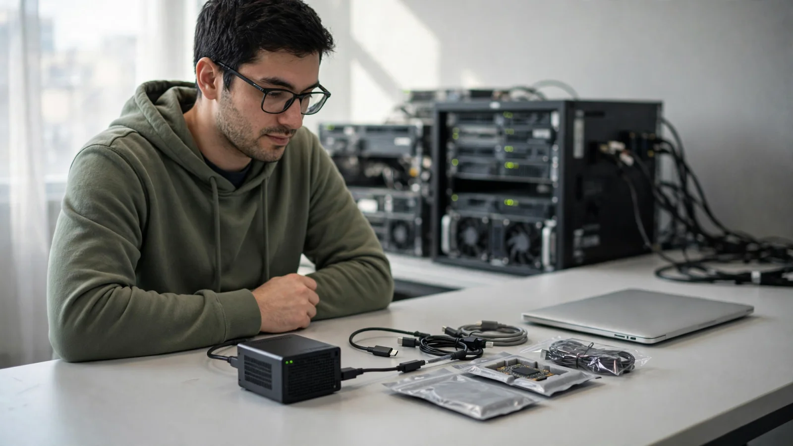 An engineer at a desk with a small test machine and parts, beside a server rack.