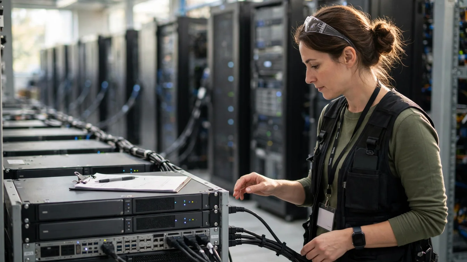 An operations engineer works on a rack in a row of servers, with a clipboard on top.
