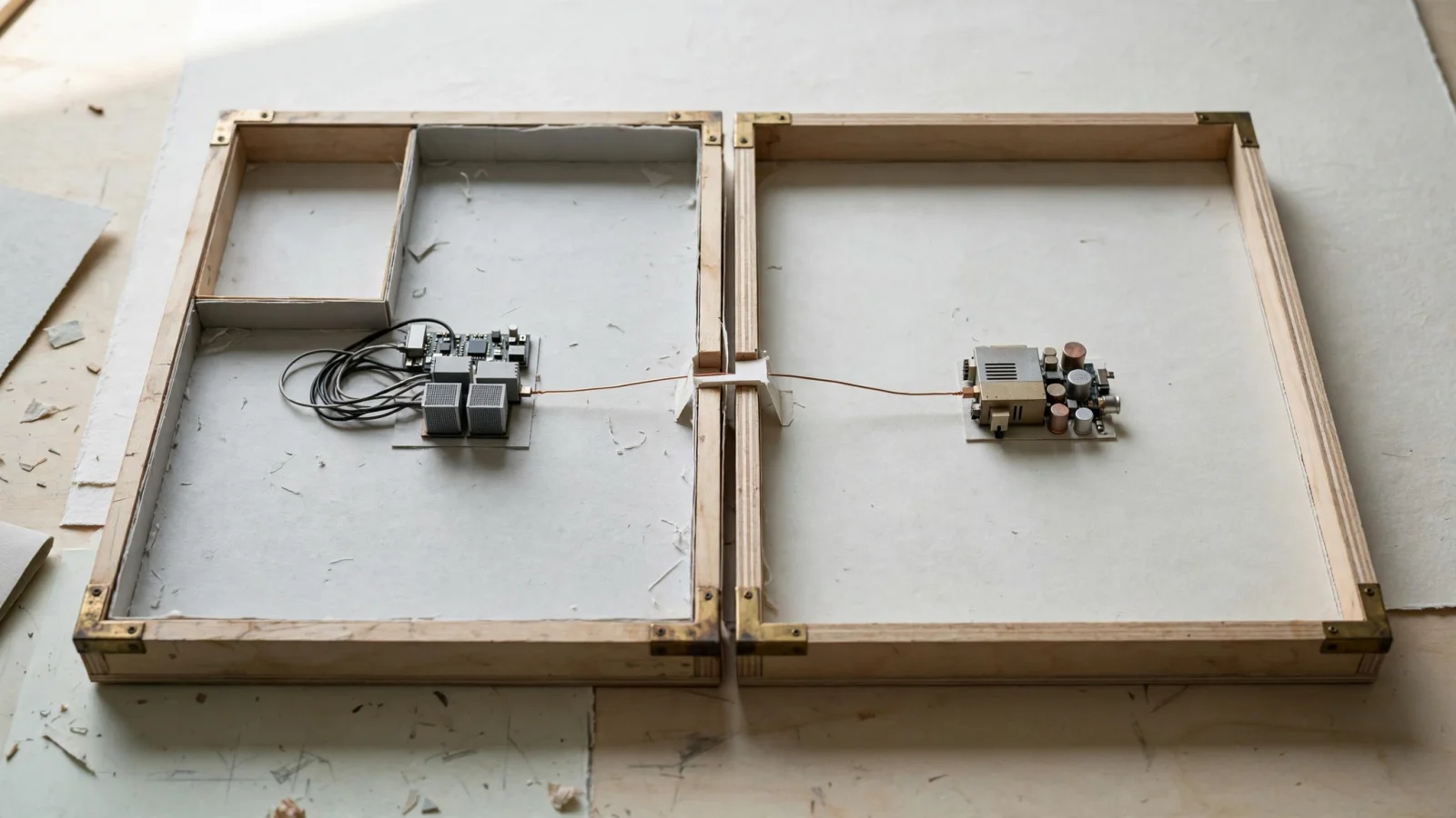 Two adjacent frames, each holding a circuit board, joined by a single wire across the gap.