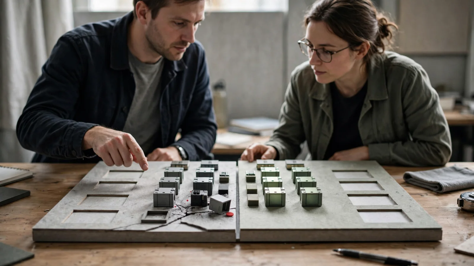 Two engineers study a model of two zones, one cracked and failing, the other intact.