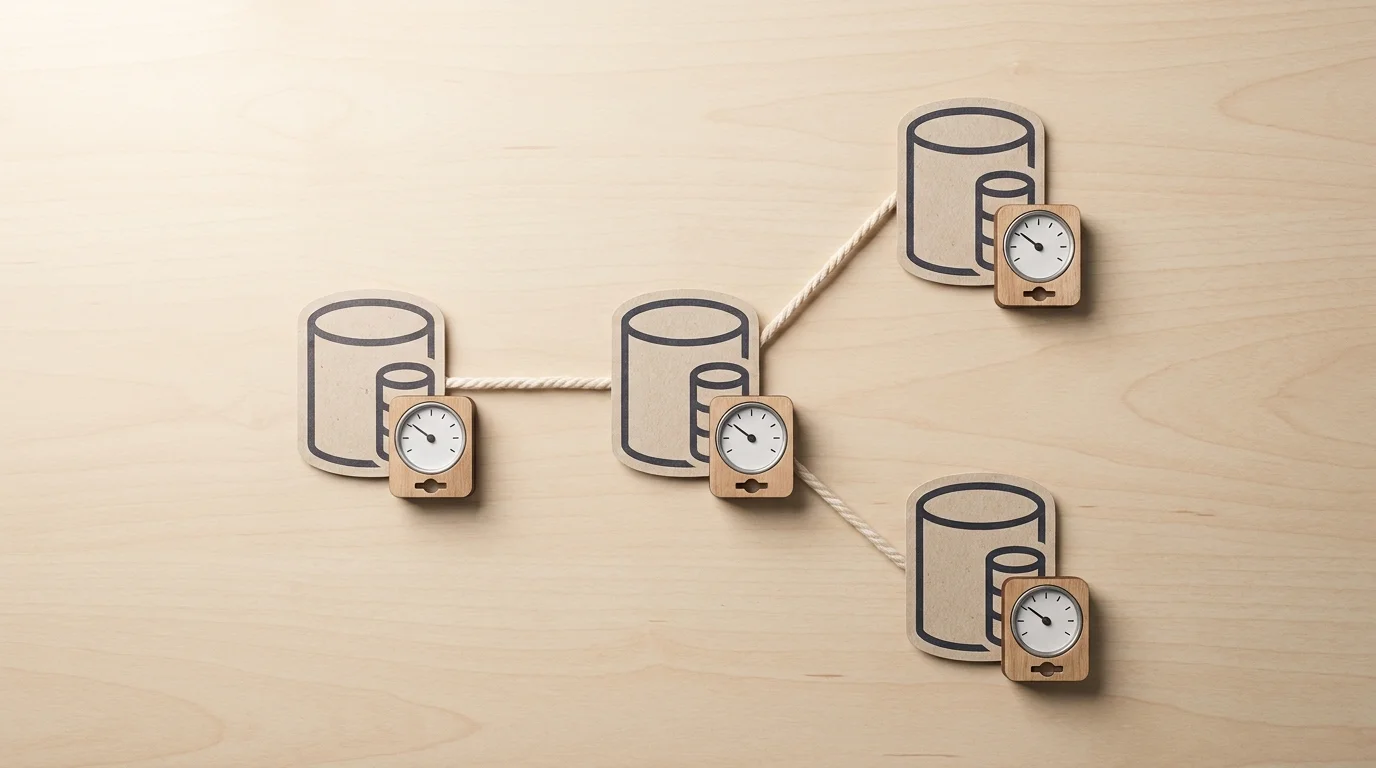 Database icons linked by a cord, each with its own small gauge.