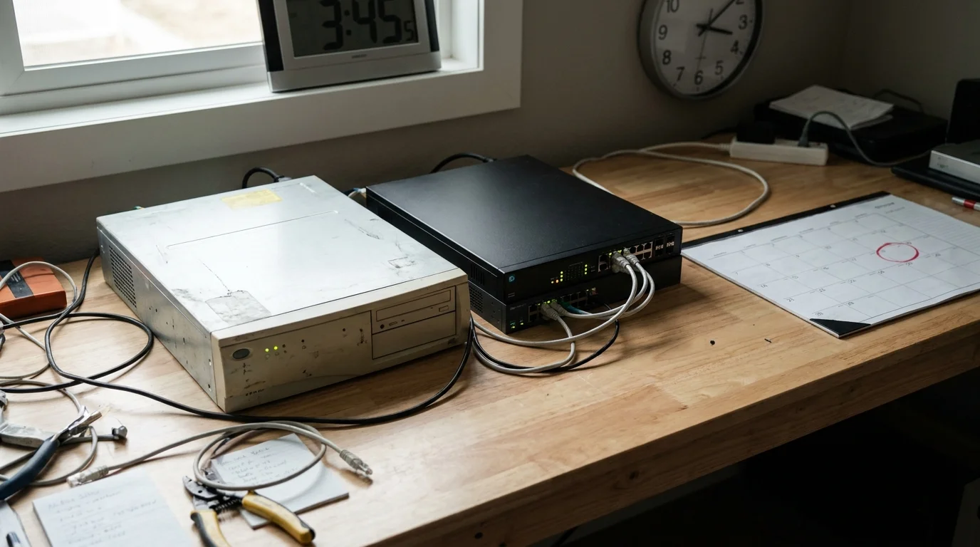 An old server and a newer one running side by side on a desk, with a calendar date circled in red.