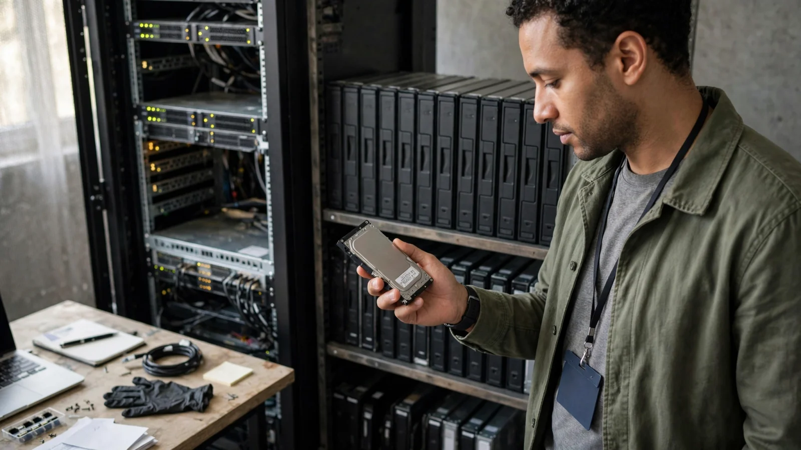 An engineer inspects a hard drive taken from a storage shelf next to a server rack.