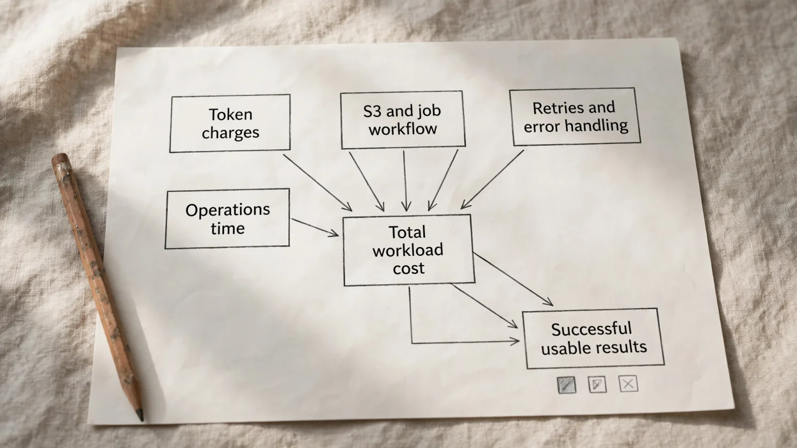 Hand-drawn diagram: token charges, S3 and job workflow, retries and error handling, and operations time feed into total workload cost, with arrows to successful usable results.