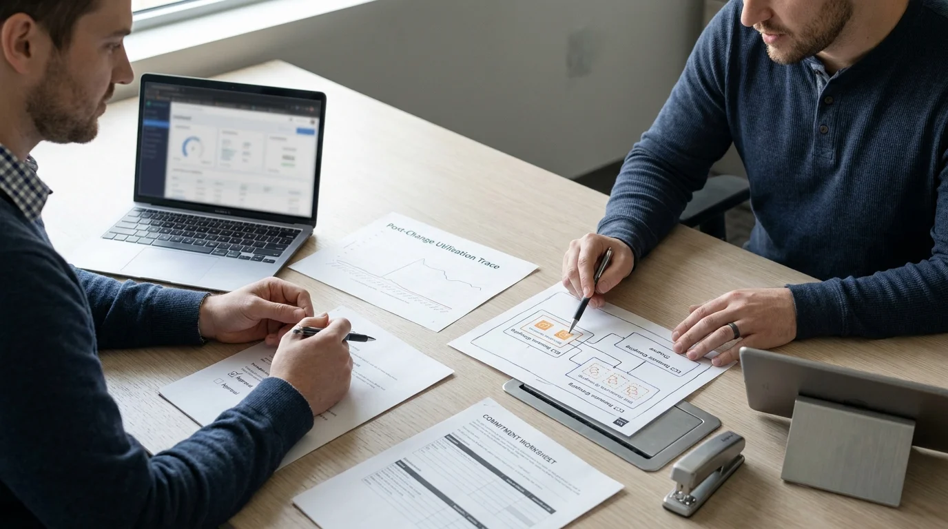A FinOps lead and a platform engineer mark up utilization charts and a worksheet at a desk.