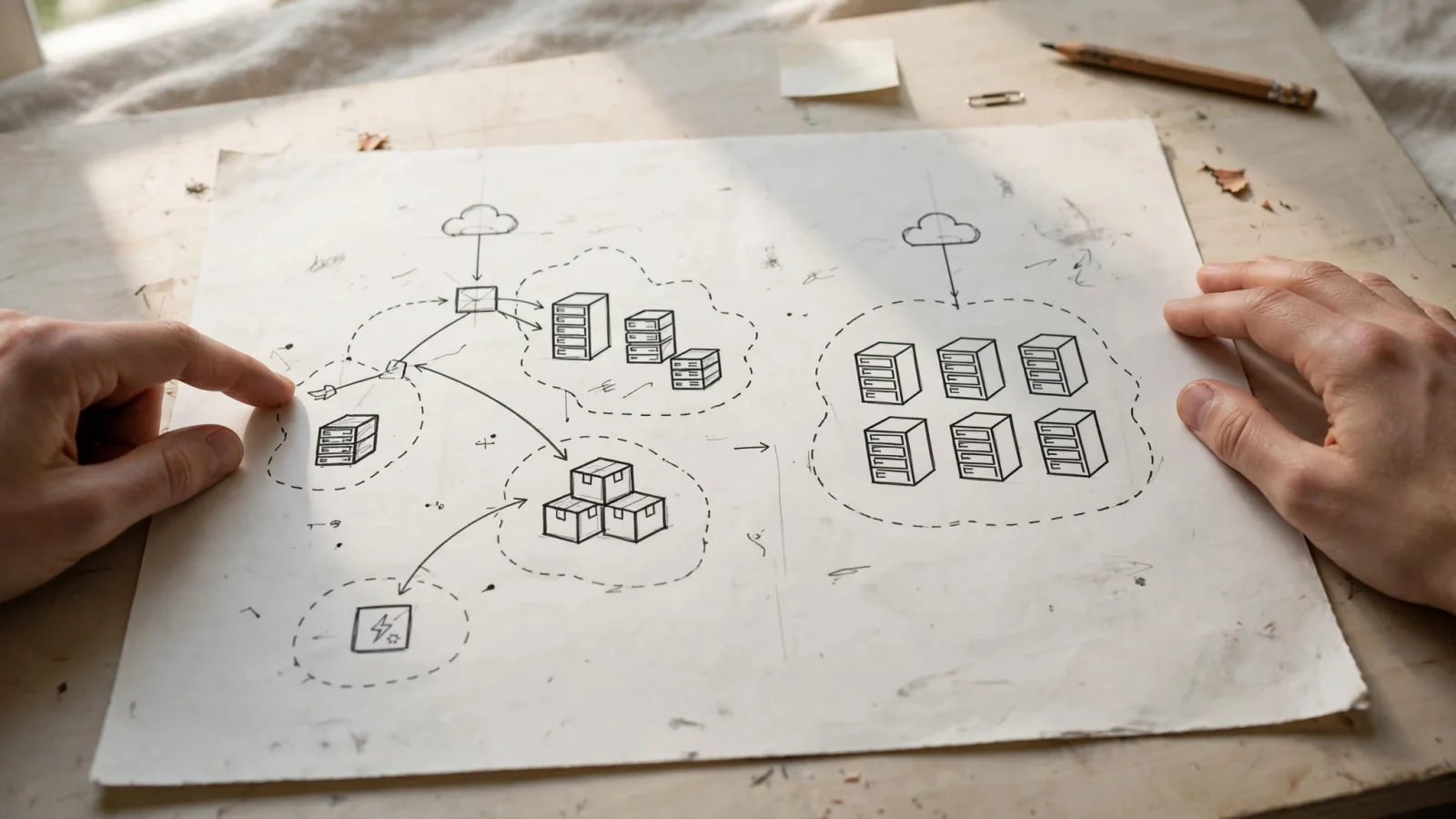 A sketch of one workload spread across several groups of servers, beside a second group anchored in one place.