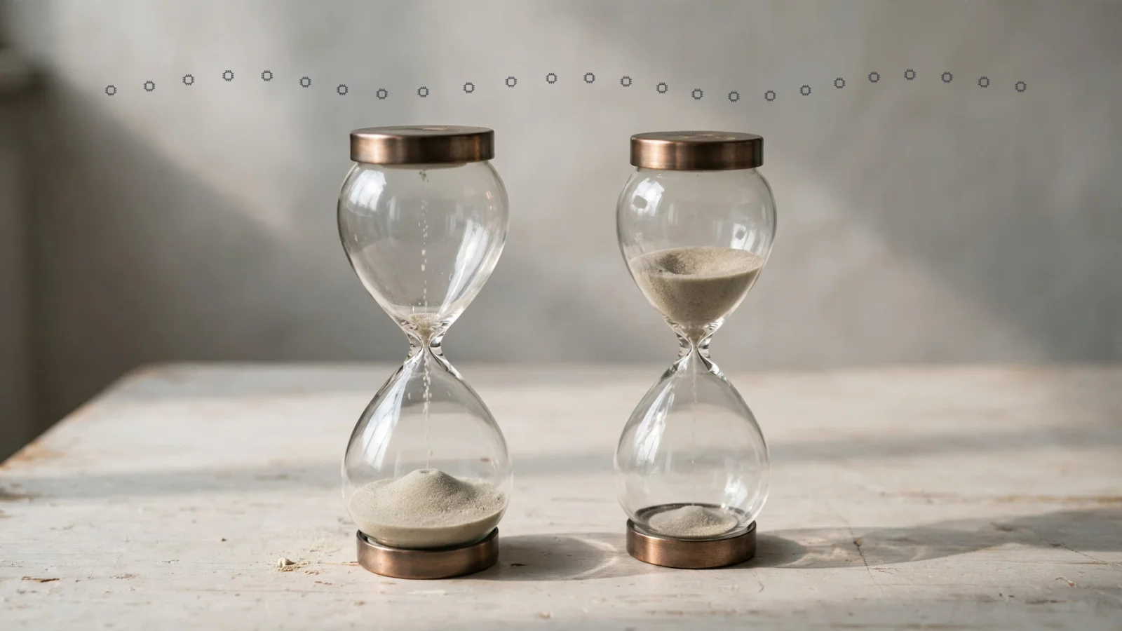 Two hourglasses under a row of dots, one with its sand nearly run out.