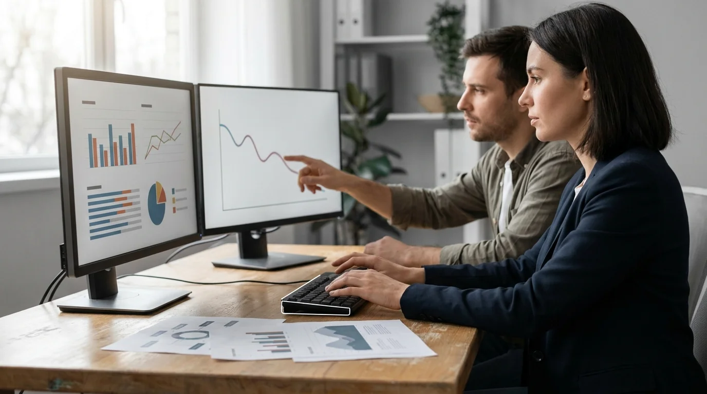 Two analysts review cost charts on two monitors.