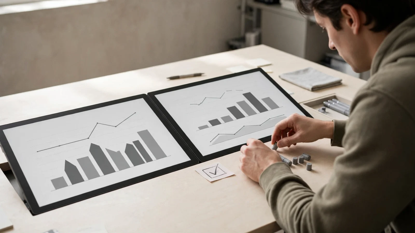 An engineer compares before-and-after charts on two screens before widening a rollout.