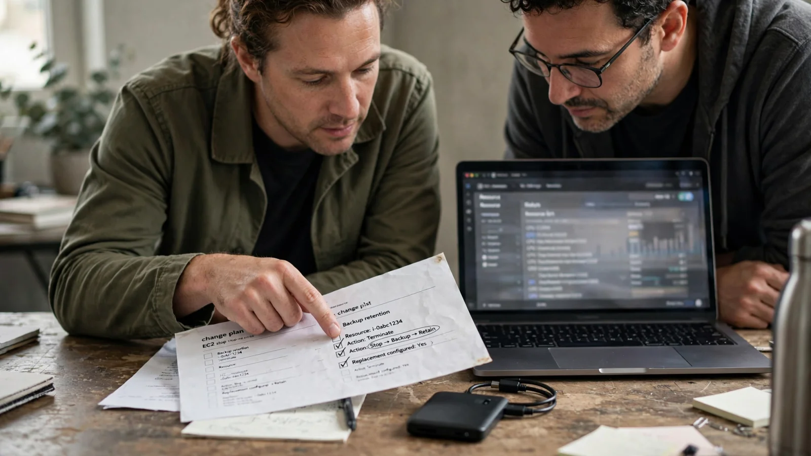 A service owner and platform engineer examine a preserved backup volume and replacement policy before permanently retiring an idle EC2 instance.