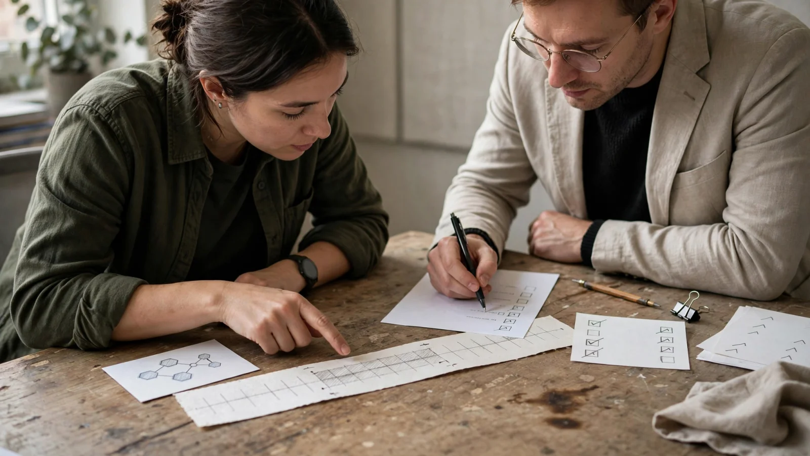 A platform engineer and a finance partner mark up a cluster diagram and a timeline at a planning table.