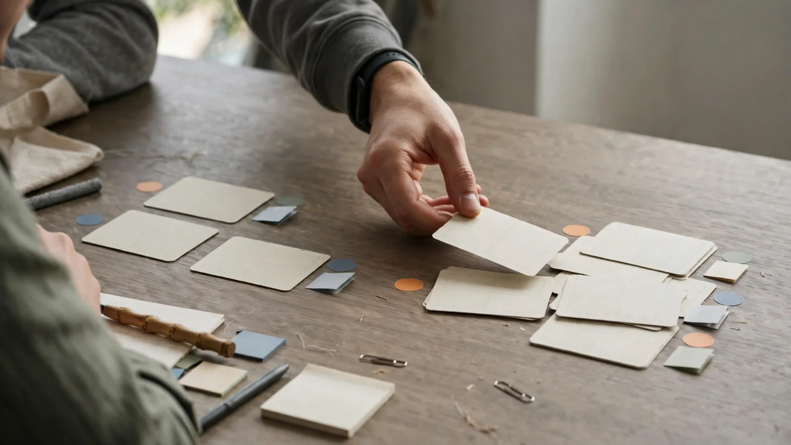 Hands sort cards into groups on a table, with coloured dots marking each group.
