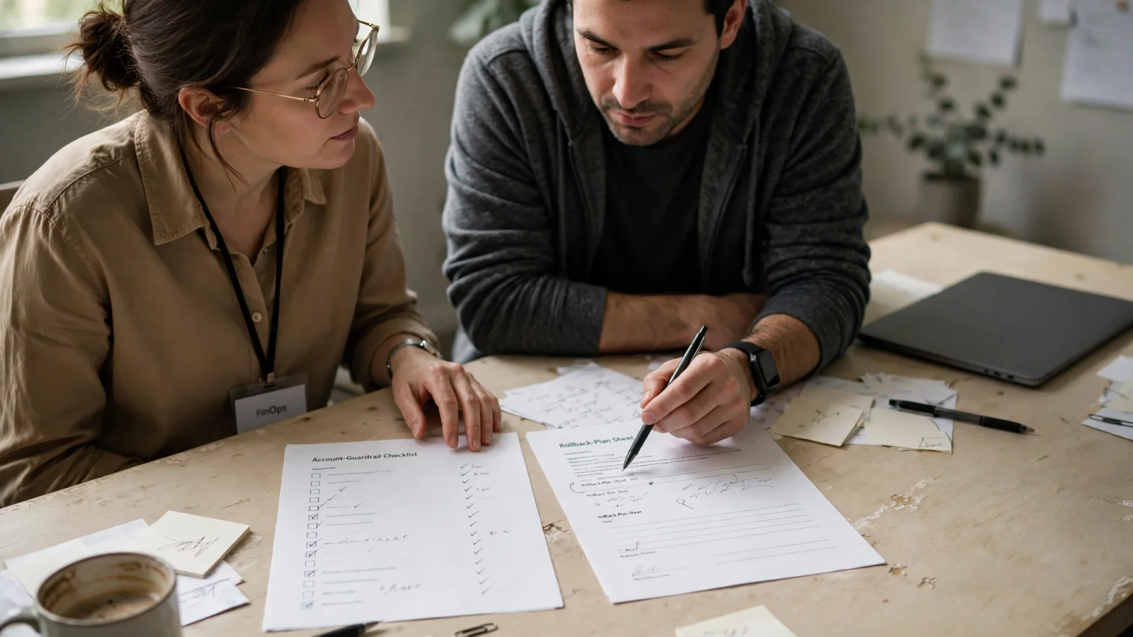 A FinOps lead and a platform engineer go through a checklist and a rollback plan on paper.