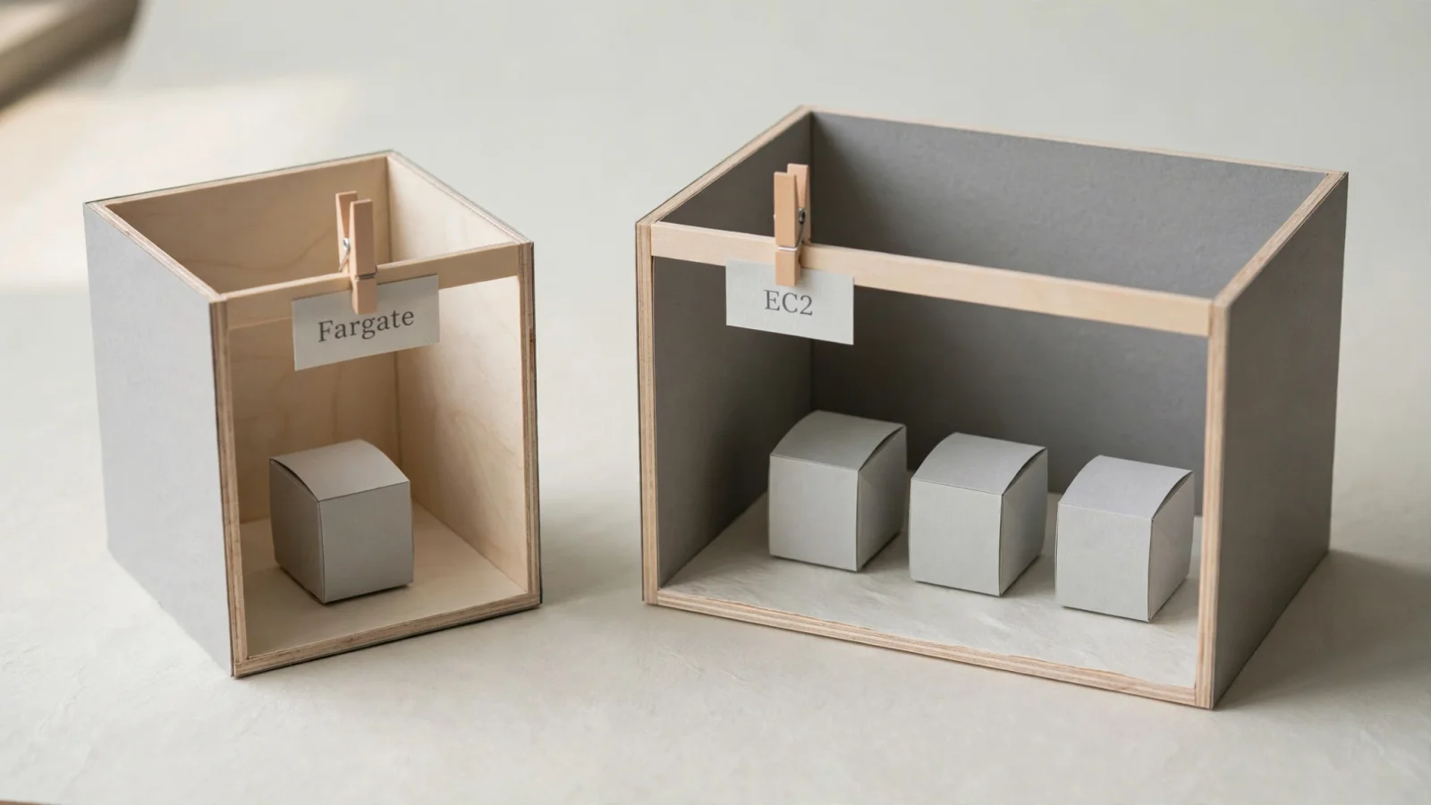 Two boxes labelled "Fargate" and "EC2": one holds a single block, the other several blocks sharing the space.