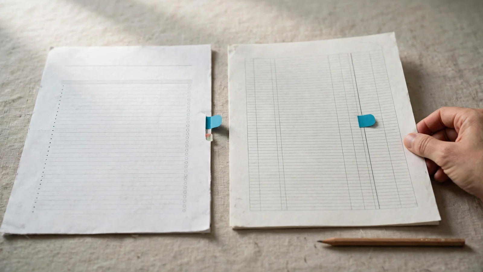 Two blank sheets side by side, a lined report page and a ledger grid, standing for a showback report and a chargeback ledger.