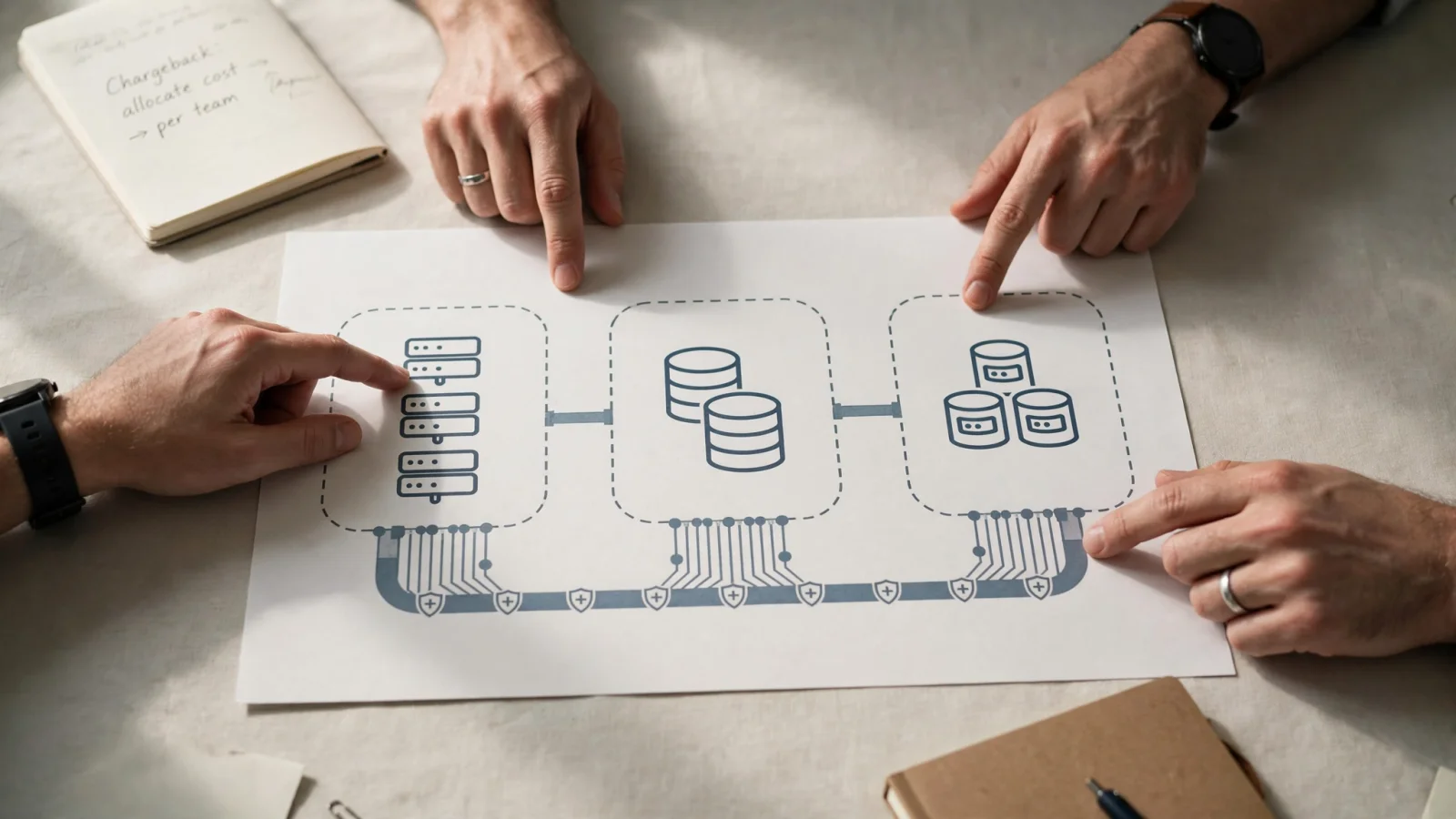 Several product teams use one shared cloud platform, with clear visual cues separating dedicated workloads from shared networking and security services.