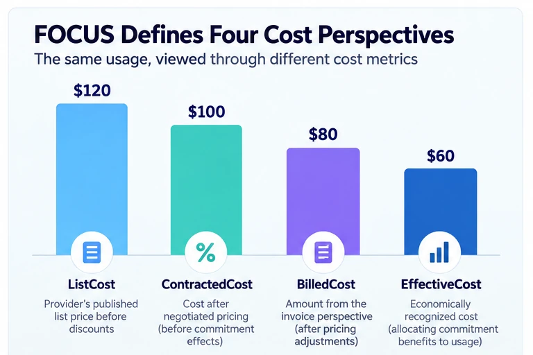 Example bar chart of the four FOCUS cost metrics for the same usage: ListCost, ContractedCost, BilledCost and EffectiveCost