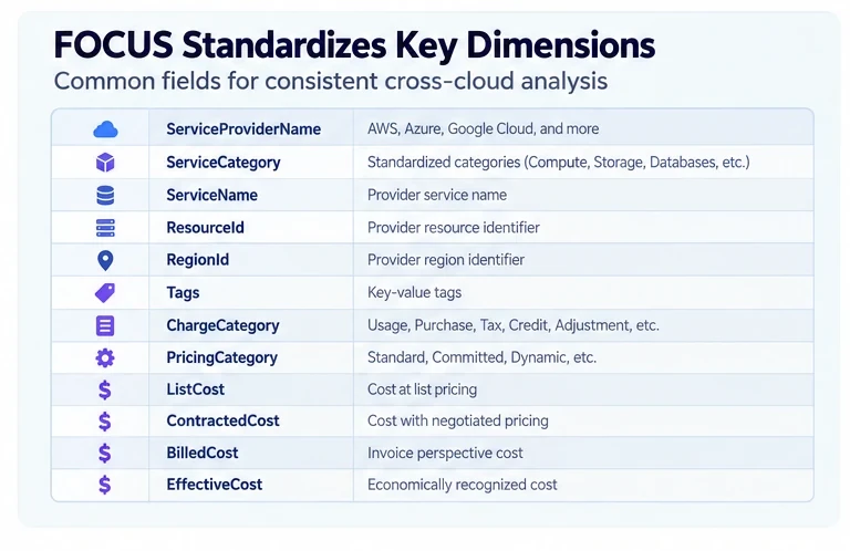 Table of FOCUS columns standardized across providers: ServiceProviderName, ServiceCategory, ServiceName, ResourceId, RegionId, Tags, ChargeCategory, PricingCategory and the four cost columns