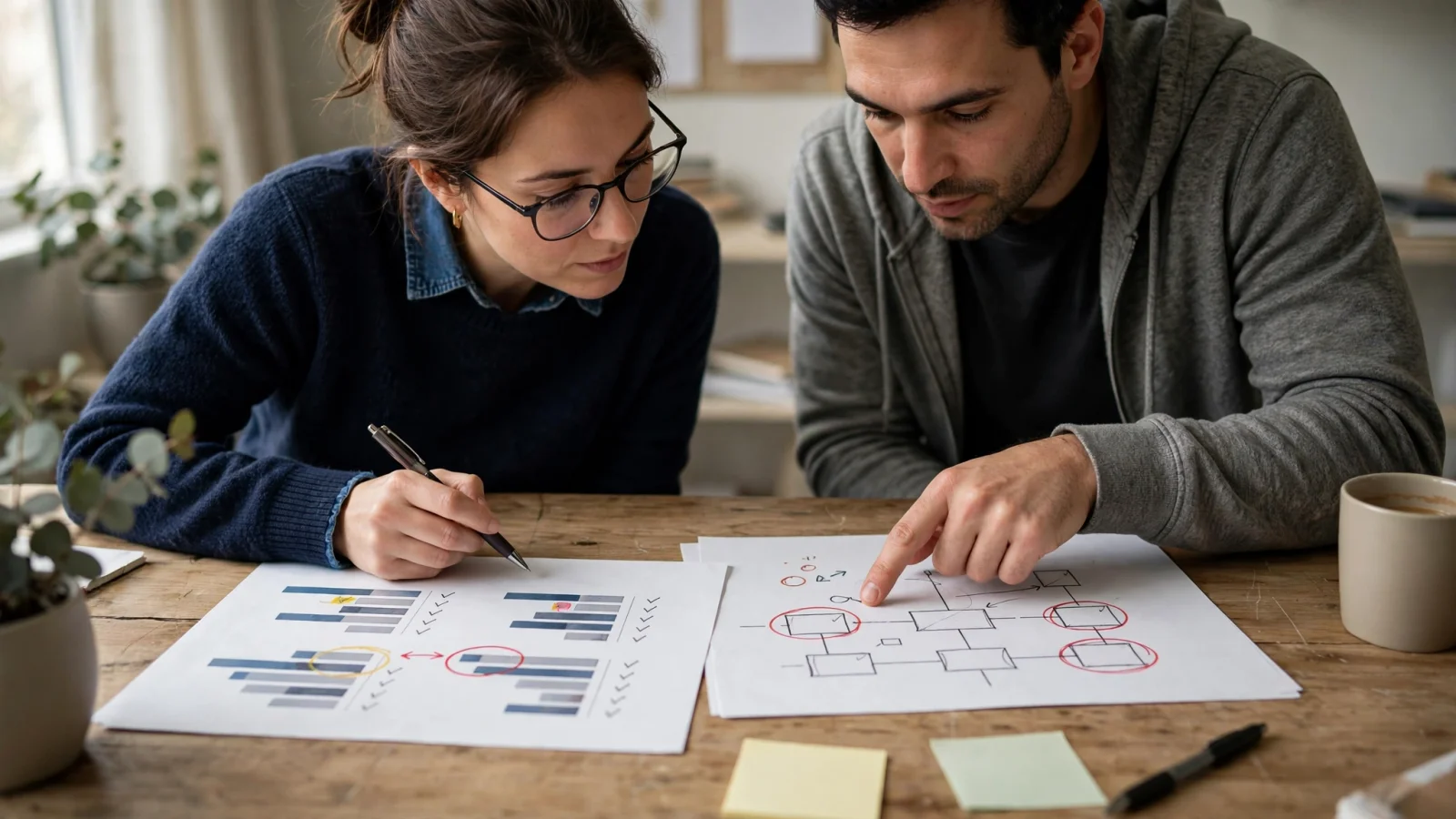 A FinOps analyst and a service owner review printed cost charts and a diagram together at a desk.
