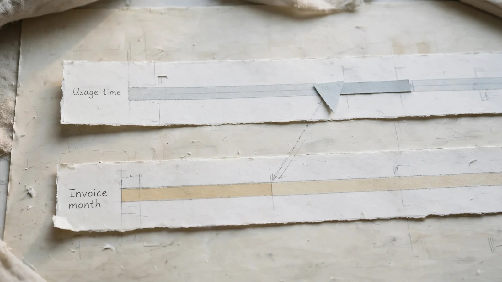 Two paper strips labelled "Usage time" and "Invoice month", with an arrow showing usage landing on a later invoice month.