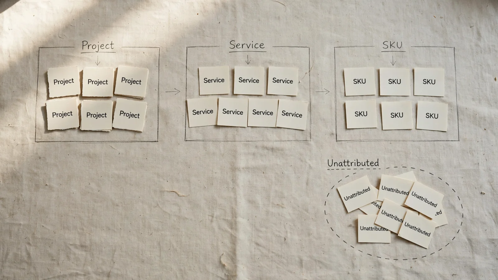Billing-line cards grouped under "Project", "Service" and "SKU", with a separate pile of "Unattributed" cards.