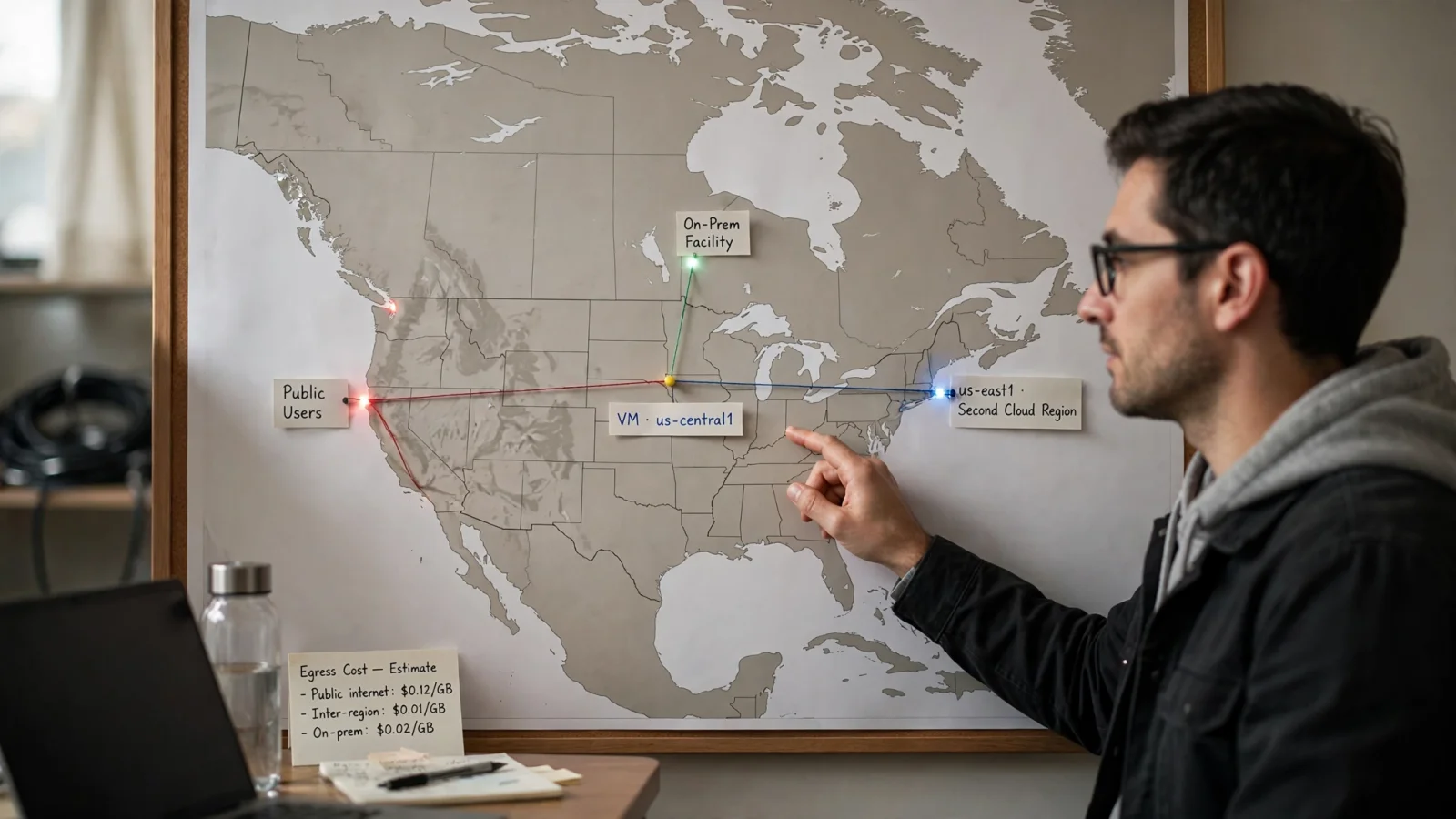 A cloud infrastructure engineer follows distinct illuminated routes from a virtual machine to public users, another region, and an on-premises network on a wall map