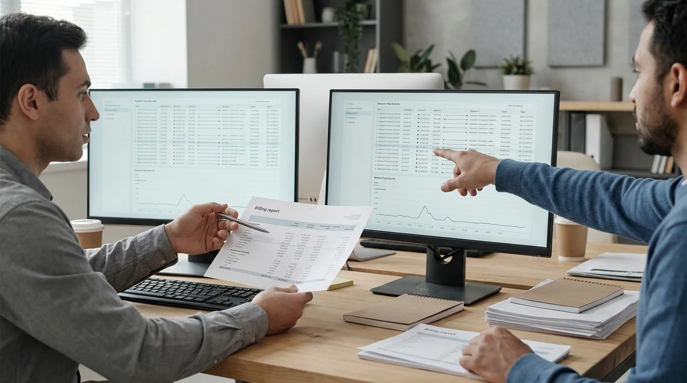 A FinOps analyst and network engineer compare a billing report with sampled flow records at a workstation, showing cost attribution and endpoint evidence as complementary clues