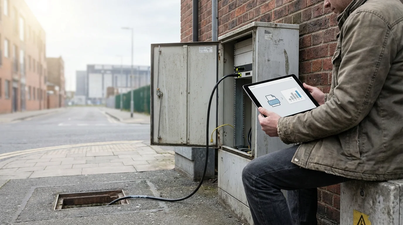 At a city edge, a small cache serves one user directly while another request travels to a distant storage origin, making the cache-hit latency benefit and cache-miss path visible.