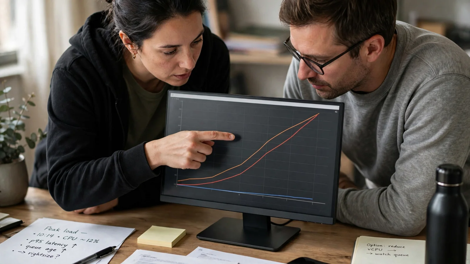 A service owner and cloud engineer compare a low CPU trace with rising latency and queue age during a peak-load test