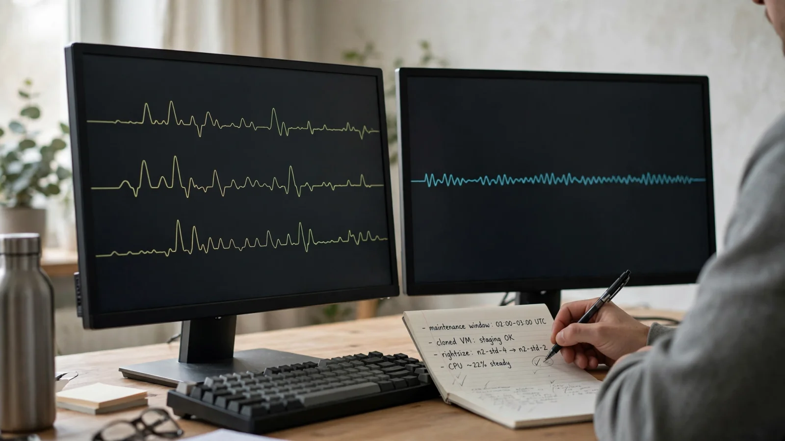 A cloud engineer tests a VM cloned from a Persistent Disk snapshot in staging while the production service remains live ahead of an approved maintenance window.