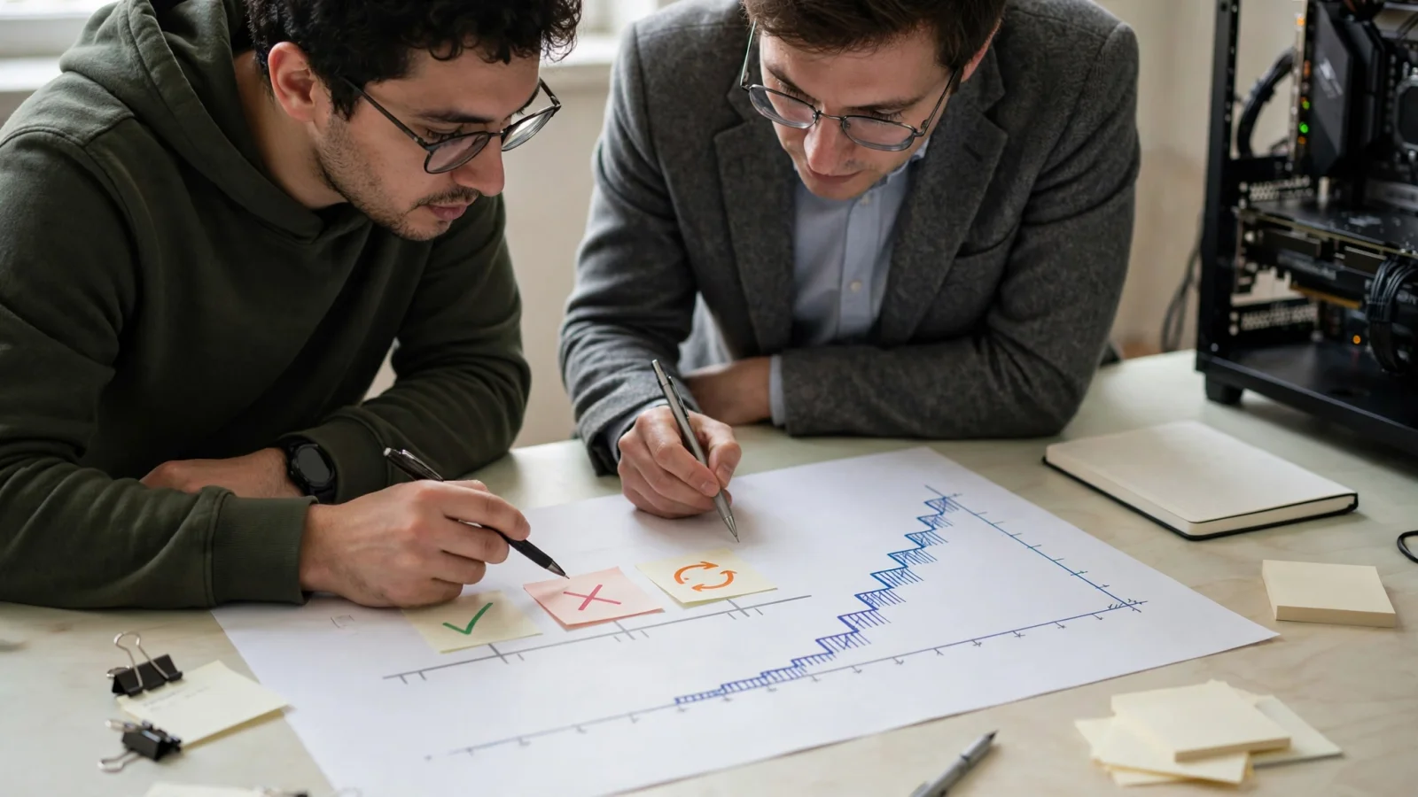 An ML engineer and a finance partner mark successful, failed and retried runs on a cost chart.