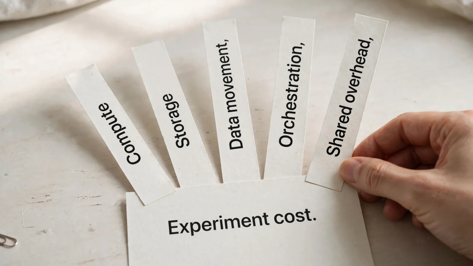 Paper strips labelled "Compute", "Storage", "Data movement", "Orchestration" and "Shared overhead" fan out from a card labelled "Experiment cost".