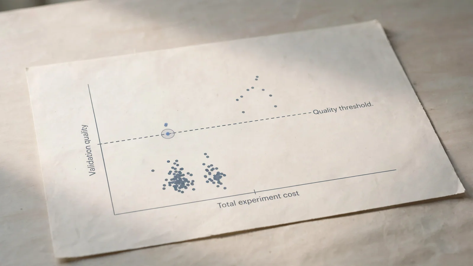 A scatterplot of total experiment cost against validation quality, with a dashed quality-threshold line and a low-cost run on that line circled.