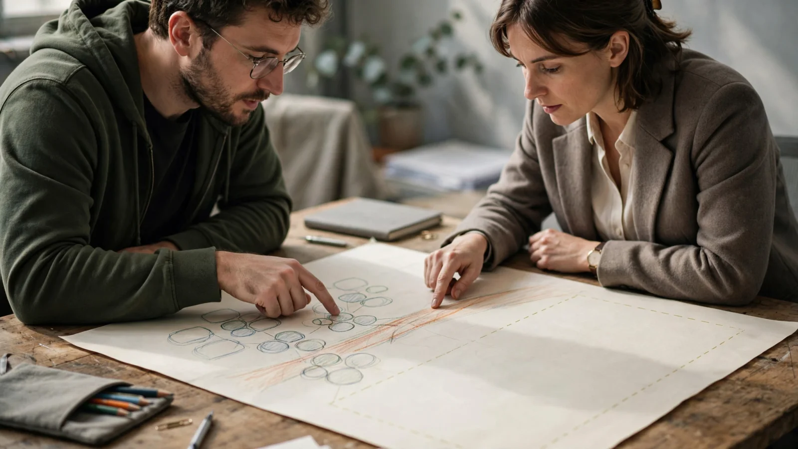 A platform engineer and a finance partner trace a hand-drawn cluster diagram on paper.