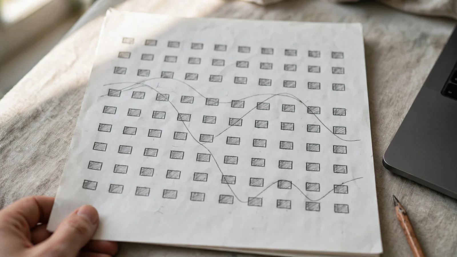 A grid of steady reservation blocks with a fluctuating usage line drawn across it, contrasting requests with actual use.