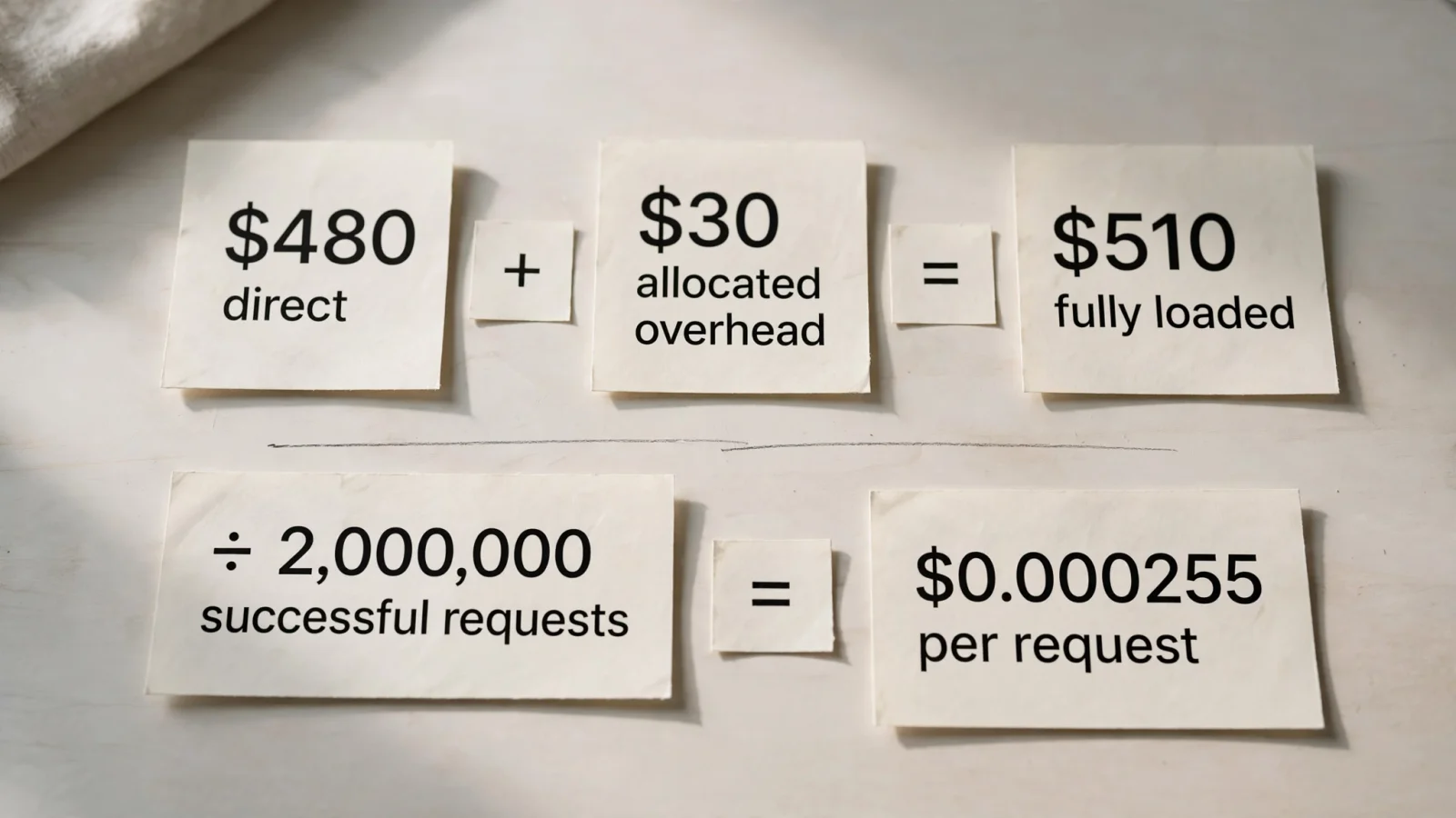 $480 direct plus $30 allocated overhead equals $510 fully loaded; divided by 2,000,000 successful requests, that is $0.000255 per request.