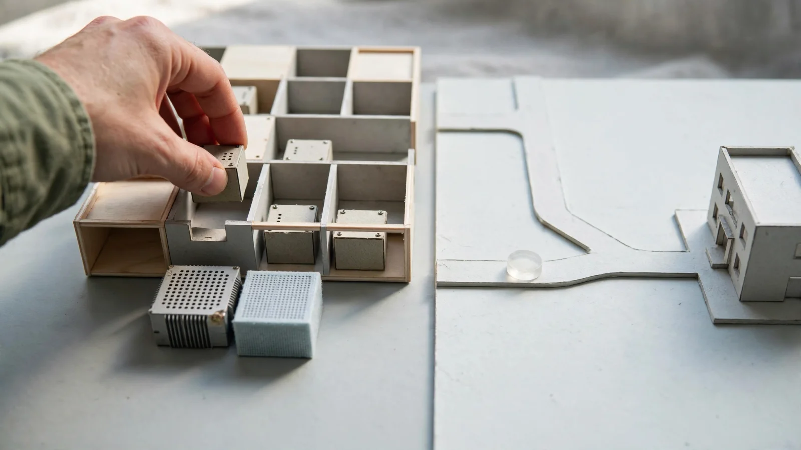 A model cluster grid receiving a block, beside a separate road that carries a request to a service building.