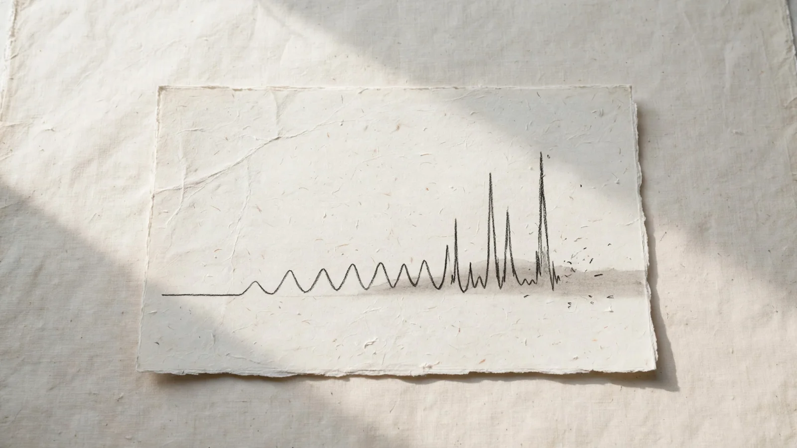 A hand-drawn line that rises from a steady baseline into regular peaks and then sharp bursts.