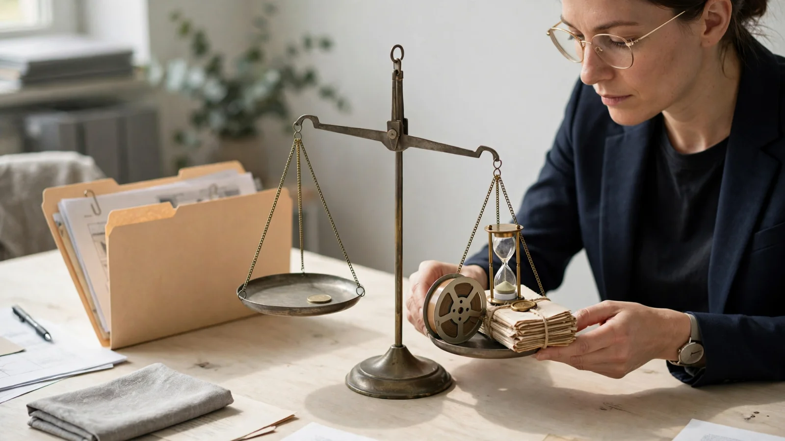 A finance lead balances a single coin against a film reel, an hourglass and a bundle of sealed papers on a scale.