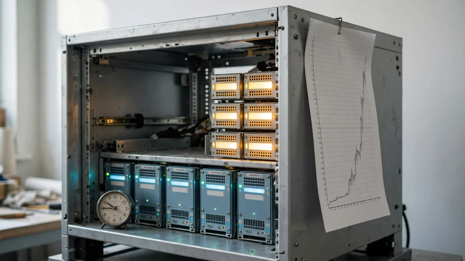 A server rack with a row of steadily lit units below and extra units lighting up above, beside a chart of rising demand.