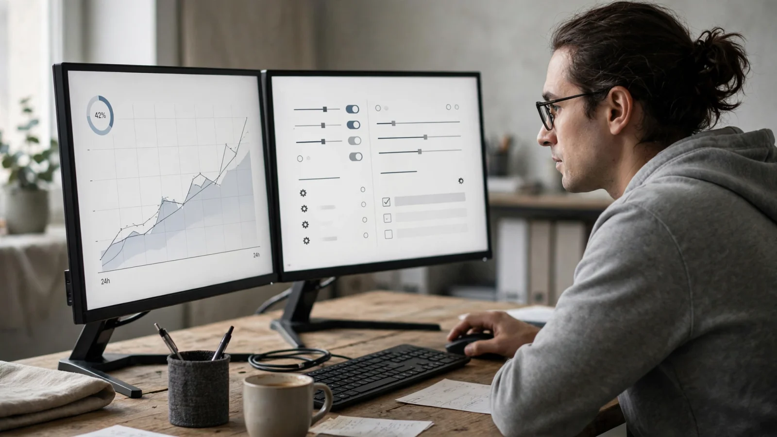 An operator reviews a utilization chart and a settings screen on two monitors.